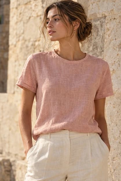 Modelo con remera rosa. Fotografía ilustrativa.