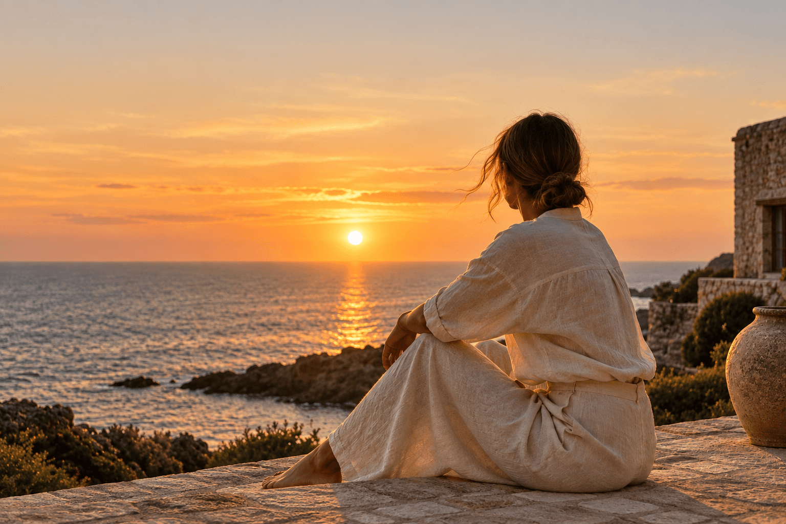 Mujer vestida de lino marfil, sentada frente al mar al atardecer. Fotografía ilustrativa.